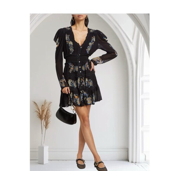 Farm Rio Women's Floral-Embroidered Long-Sleeve Minidress Black Small New  $248 Dresses